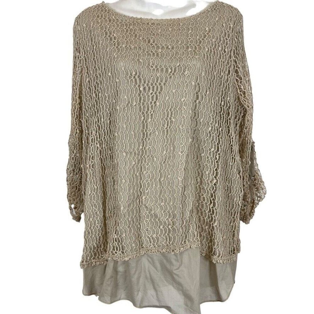 Chicos Womens Boho Cottagecore Neutral Beige Cotton Blend Top Longline Shirt L 2